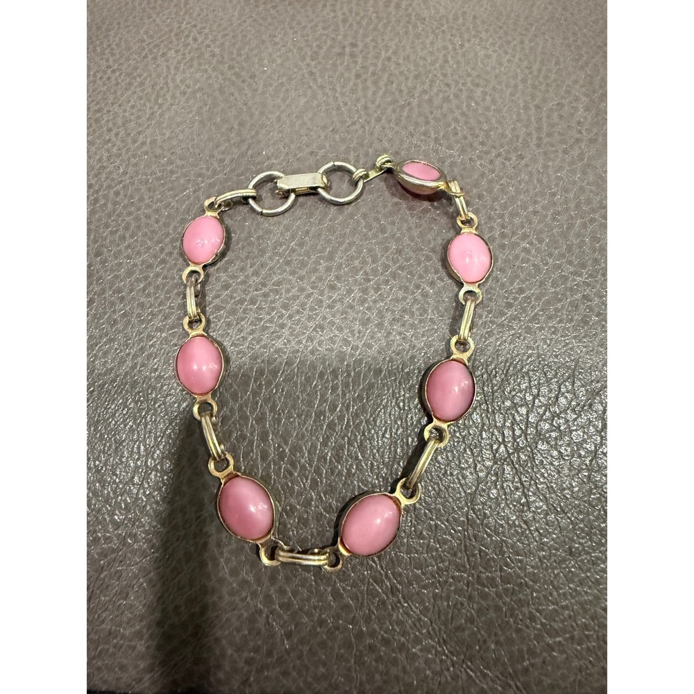 Vintage Pink Cabochon Gold Tone Link Bracelet Oval Stone Spring‎ Ring Clasp